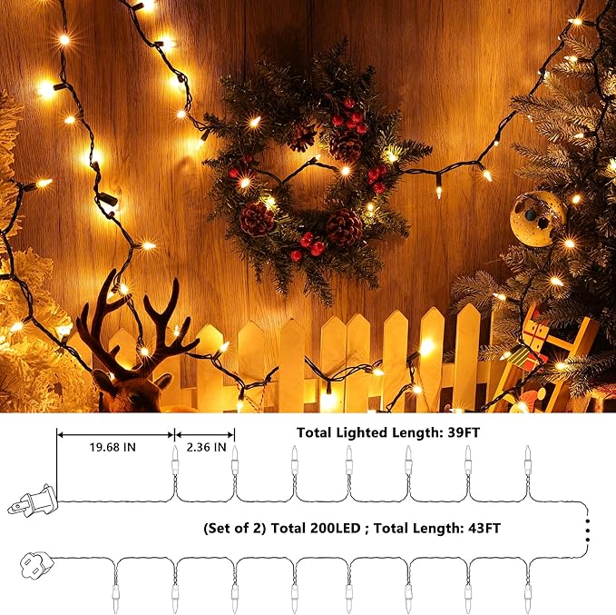 Joomer Mini Christmas String Lights - Total 39 FT 200 LED Plug-in String Light, Connectable Waterproof Fairy Lights for Indoor Outdoor Decor, Patio, Home,Christmas Decoration - Warm White