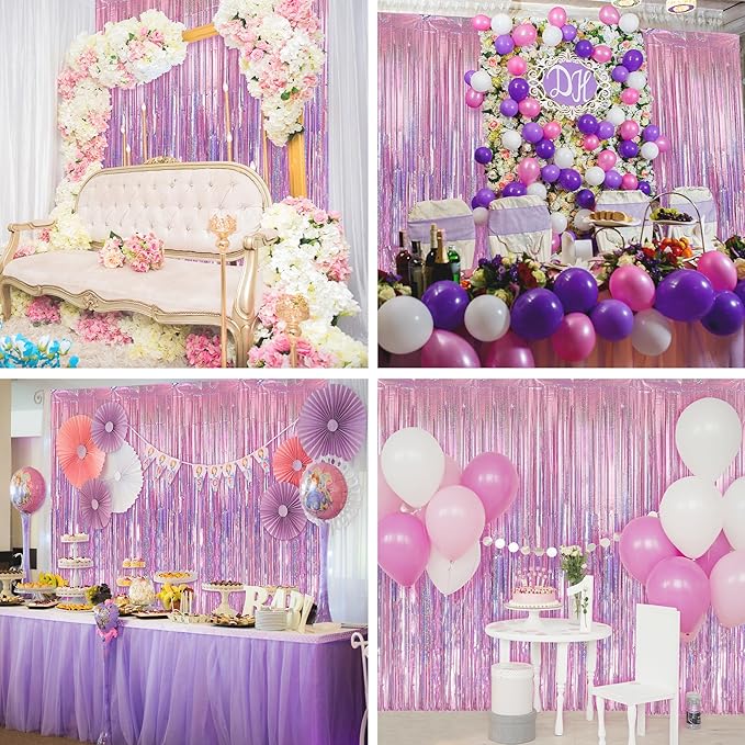 Crosize 5 Pack 3.3 x 9.9 ft Laser Pink Foil Fringe Curtains Party Decorations, Laser Pink Tinsel Curtain Backdrop for Parties, Door Streamers, Glitter Streamer Backdrop for Birthday Decoration