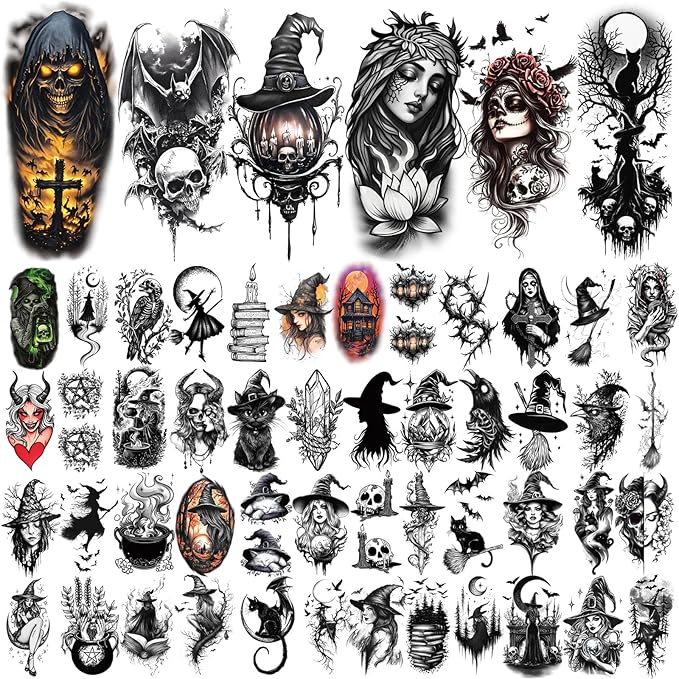 77 Sheets Witch Temporary Tattoos Women Men Adults, Skeleton Death Skull Pointed Black Hats Brooms Cauldrons Black Cats Half Arm Halloween Fake Tattoo, Bat Scary Tattoos for Halloween Costume