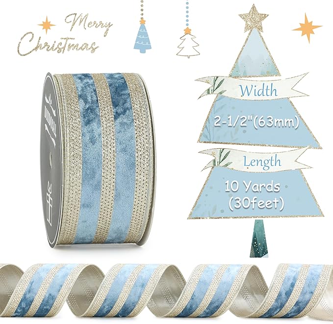 Dusty Blue Velvet Wired Ribbon with Champagne Glitter Stripe 2.5 Inch Crushed Velvet Christmas Ribbon, 10 Yards for Gift Wrapping, Crafts, Christmas Tree Decorations, Wreaths, Garlands