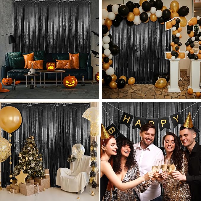 Crosize 7 Pack 3.3 x 9.9 ft Black Foil Fringe Backdrop Curtain, Streamer Backdrop Curtains, Streamers Birthday Party Decoration, Rose Gold Tinsel Curtain for Parties, Galentines Decor, Baby Shower