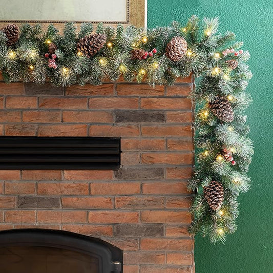 Glitzhome 9ft Prelit Christmas Garland, Glittered Greenery Garland Artificial Pine Garland with Pine Cones Berries, Christmas Garland with Lights and Timer for Mantle, Fireplace, Stairs Decorations