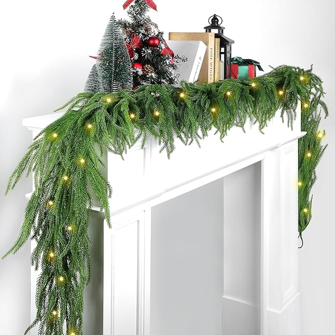Fovths 1 Pack 9 Feet Christmas Norfolk Garlands Set Green Artificial Winter Pine Garlands Light String Faux Greenery Garland Pine Garland for Xmas Holiday Home Indoor Decor, Green