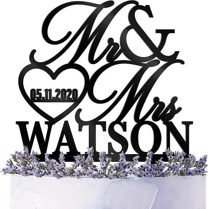 Wedding Cake Topper Personalized, Custom Mr. Mrs. Cake Topper w Last Name, Black Acrylic Decoration for Special Event
