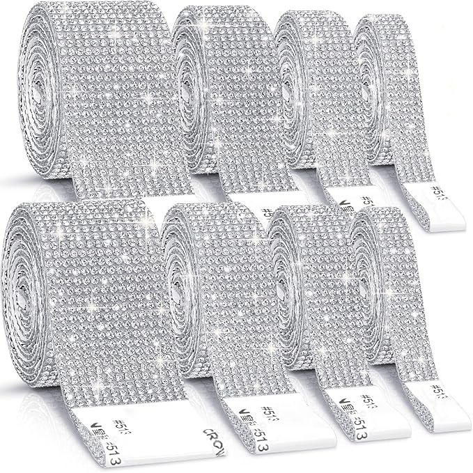 8 Rolls Rhinestone Ribbons,Cludoo 8 Yard Silver Self Adhesive Rhinestone Ribbon, Bling Crystal Diamond Ribbon Roll Wrap Glittering Rhinestones Sticker for Decoration Car DIY Arts Crafts Wedding