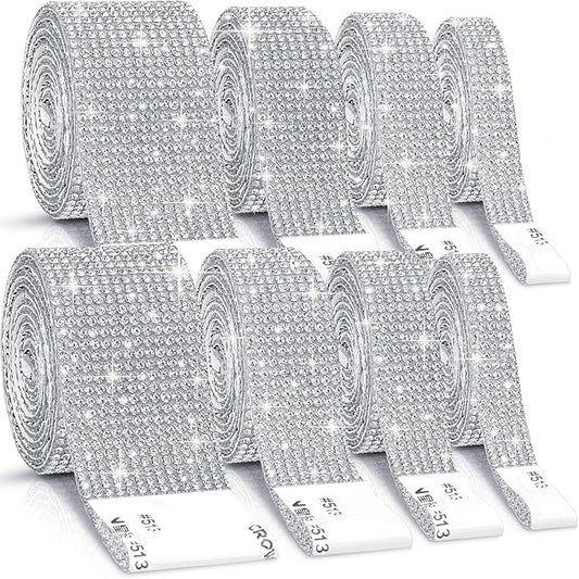8 Rolls Rhinestone Ribbons,Cludoo 8 Yard Silver Self Adhesive Rhinestone Ribbon, Bling Crystal Diamond Ribbon Roll Wrap Glittering Rhinestones Sticker for Decoration Car DIY Arts Crafts Wedding