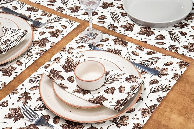 PurpleEssences Fall Harvest Thanksgiving Napkins 18x18 Inch,Set of 6-100% Cotton Autumn Leaves Print - Reusable, Washable Dinner Napkins for Home, Kitchen & Parties - Fall Dream