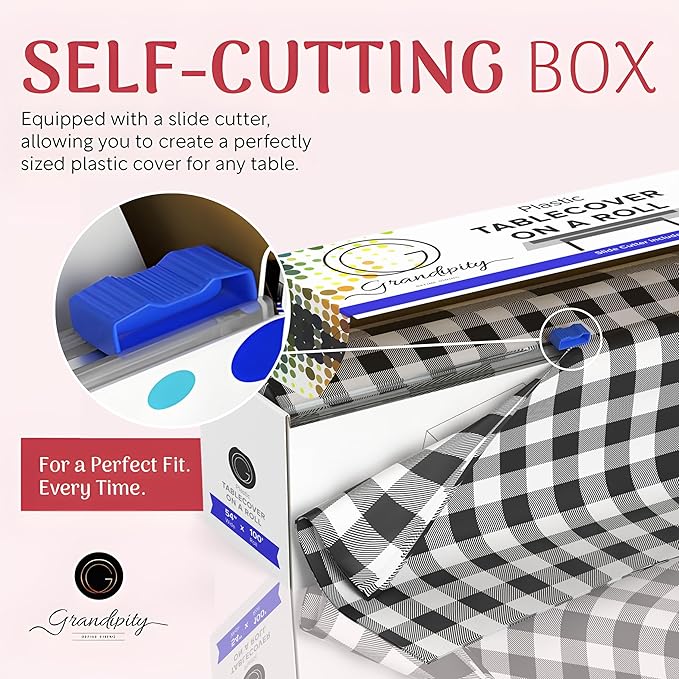 Grandipity Plastic Tablecloth Roll - 54in x 100 Ft. Black Gingham Plastic Table Cloths Disposable with Cutter Box - Cut to Size Disposable Tablecloth Table Cover for Rectangle & Round