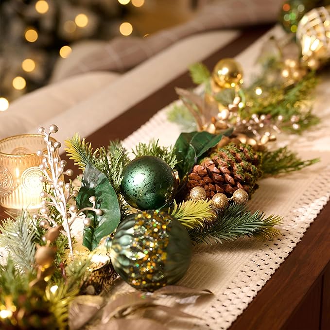 Decorbyhannah Green Gold Christmas Garland with Ornaments, 9ft Christmas Garland with Lights for Mantle, Battery Operated Xmas Garlands for Home Decorations