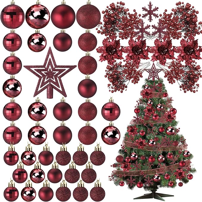 Sratte 94 Pcs Christmas Tree Decorations Set, Christmas Tree Ball Ornaments Glitter Poinsettia Flowers Decorations Glitter Berries Stems for Xmas Holiday Wedding(Burgundy)