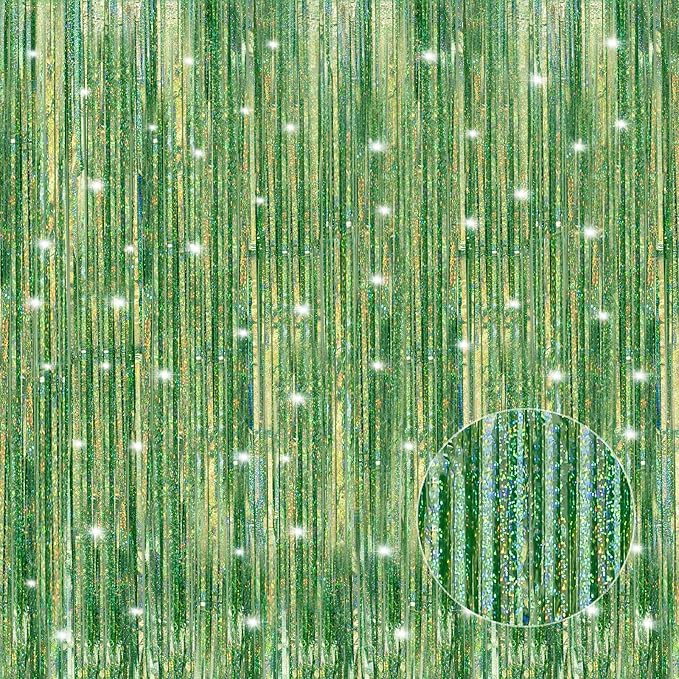 Crosize 3 Pack 3.3 x 9.9 ft Laser Green Foil Fringe Curtains Party Decorations, Laser Green Tinsel Curtain Backdrop for Parties, Door Streamers, Glitter Streamer Backdrop for Birthday Decoration