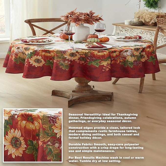Newbridge Thanksgiving Autumns Bounty Bordered Fabric Tablecloth, 60 x 84 Inch Oval Bountiful Farm Pumpkin Fall Harvest Multicolor Easy Care Table Cloth for Holiday Party