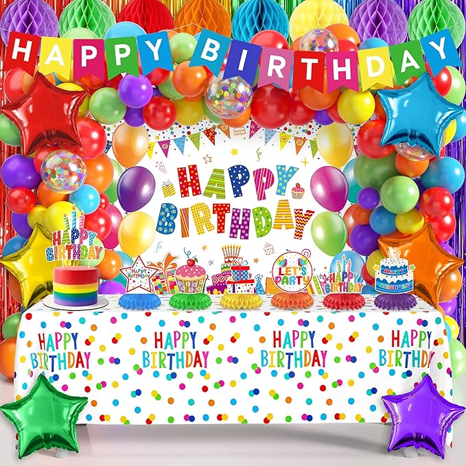 103 Pcs Colorful Birthday Decorations for Boys and Girls, Rainbow Party Decorations with Happy Birthday Backdrop Banner Tablecloth Balloon Arch Kit Centerpieces & Fringe Curtains