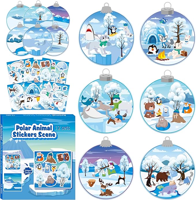 CY2SIDE 12 Set Winter Polar Animal Sticker Scene for Kids Make A Winter Scene with Polar Animals Make Your Own Snowy Bear Sticker Craft DIY Art Crafts for Kids Holiday Class