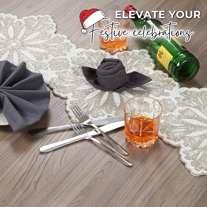 Beaded Table Runner - Elegant & Versatile Dining & Kitchen Linen for Home Decor, Weddings, Parties, Special Occasions, Modern Table Decoration & Luxury Festive Accessory White Silver - CLEENTABLE