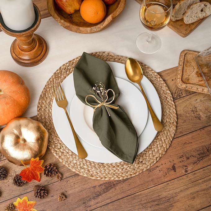 Blue Needles Solid Cloth Napkins Set of 12 Olive Green 100% Cotton Dinner Napkins 18x18 inches, Soft, Reusable, Absorbent, Washable Linen, Ideal for Fall Thanksgiving Events, Parties & Everyday Use