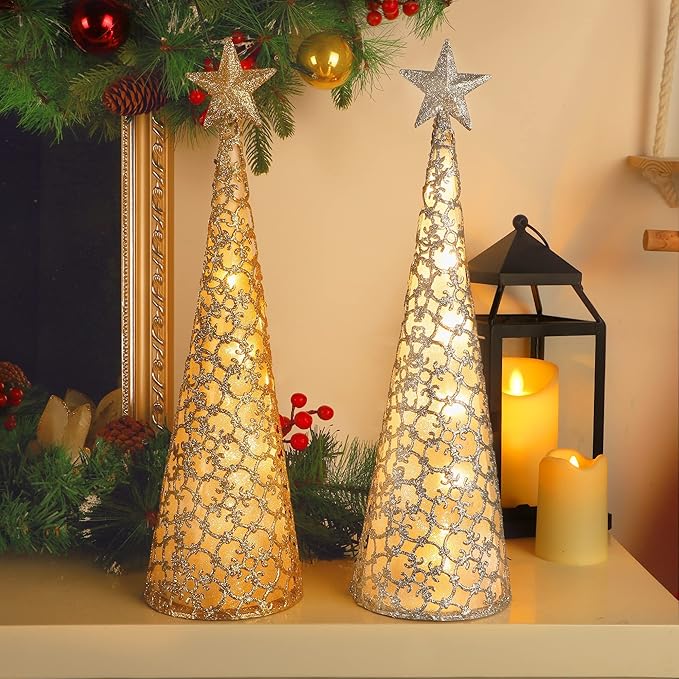 Juegoal Lighted Christmas Table Decorations with Star and 10 LED Lights Battery Operated, Indoor Xmas Thanksgiving Holiday Wedding Party Tabletop Desk Ornament, Set of 2 (Gold, Silver)