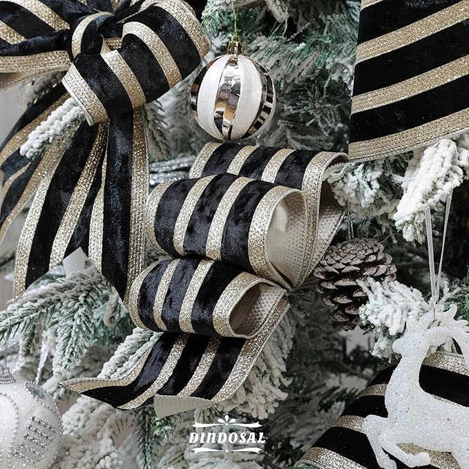 Black Velvet Wired Ribbon with Champagne Glitter Stripe 4 Inch Extra Wide Crushed Velvet Christmas Ribbon, 10 Yards for Gift Wrapping, Crafts, Tree Decorations, Wreath Supplies, Garlands
