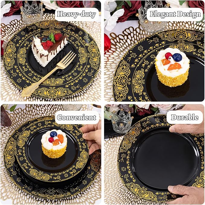 GATHER 350PCS Black and Gold Plastic Plates - Gold Disposable Dinnerware Set Include 50 Dinner Plates, 50 Dessert Plates, 150 Gold Plastic Silverware, 50 Napkins, 50 Cups for Wedding & New Year