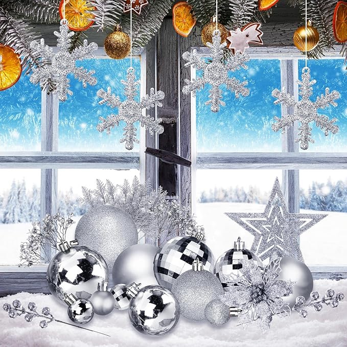 Sratte 94 Pcs Christmas Tree Decorations Set, Christmas Tree Ball Ornaments Glitter Poinsettia Flowers Decorations Glitter Berries Stems for Xmas Holiday Wedding(Silver)