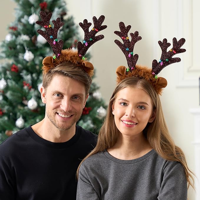 JOYIN Christmas 2PCS Light Up Cute Reindeer Headband Adult Kids Party Favor Supplies, Xmas Accessories for Christmas Holiday Parties, Annual Holiday, Photos Booth