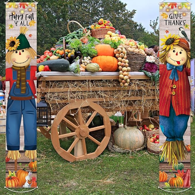 Thanksgiving Hanging Banners Happy Fall Y'all Porch Sign Autumn Hanging Door Banner Thanks Porch Banner Thanksgiving Party Decoration for Fall Indoor Outdoor Door Wall Decor