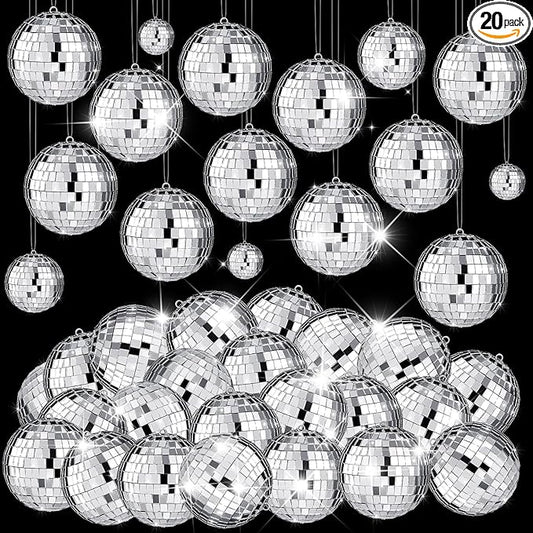 MTLEE 20 Pcs Disco Balls Decoration Mirror Disco Ball Assorted Silver Mini Glass Different Sizes Reflective with Rope for 70s Wedding Dance Music(4 Inch)