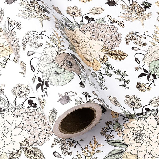 WRAPAHOLIC Floral Wrapping Paper - Mini Roll - 17 Inch X 33 Feet - Pearlized Vintage Floral Wedding Wrapping Paper for Birthday, Bridal Shower, Baby Shower