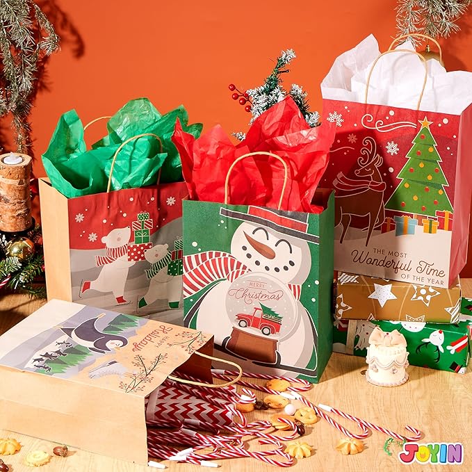 JOYIN 24 Pcs Christmas Kraft Gift Bags with Twine Handles, 10'' X 13'' X 5'' Large Xmas Goodie Goody Treat Bags for Holiday Present Wrapping, Christmas Decorations, Party Supplies Decor