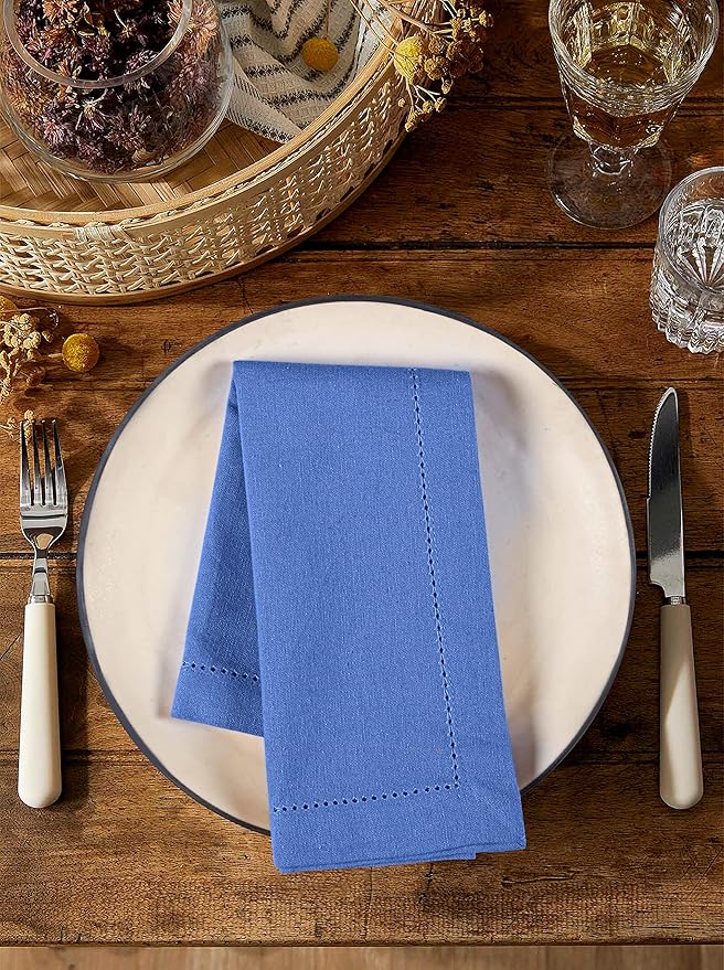 Palisa Cloth Dinner Napkins with Hemstitched Detailing & Mitered Corners Set of 4 (18x18 Inches) Light Blue - Cotton Reusable Dinner Napkins - Perfect for Weddings & Everyday Use