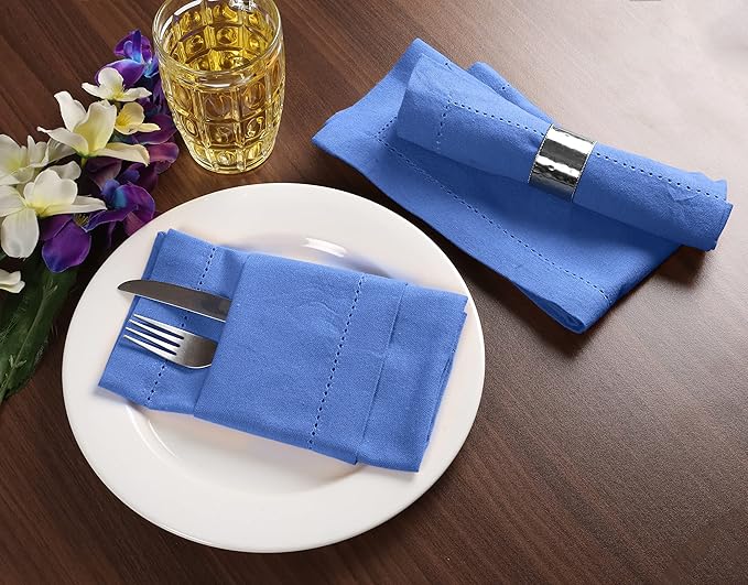 Palisa Cloth Dinner Napkins with Hemstitched Detailing & Mitered Corners Set of 12 (18x18 Inches) Light Blue - Cotton Reusable Dinner Napkins - Perfect for Weddings & Everyday Use
