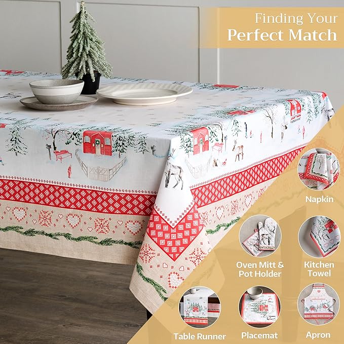 Maison d' Hermine Table Cloth Rectangle Table 100% Cotton 60 x 120 Inches Fall Tablecloth Reusable Everyday Use for Thanksgiving Christmas Decorations Dining Farmhouse Party (Rural Christmas)