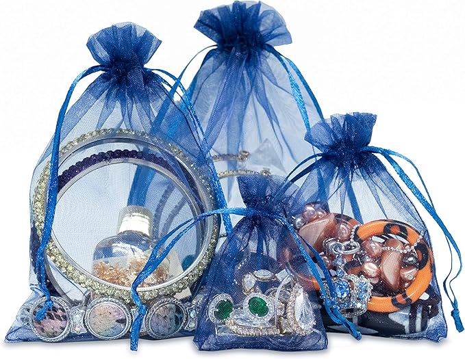 TheDisplayGuys 48-Pack 6x8 Navy Blue Sheer Organza Gift Bags with Drawstring, Jewelry Candy Treat Wedding Party Favors Mesh Pouch