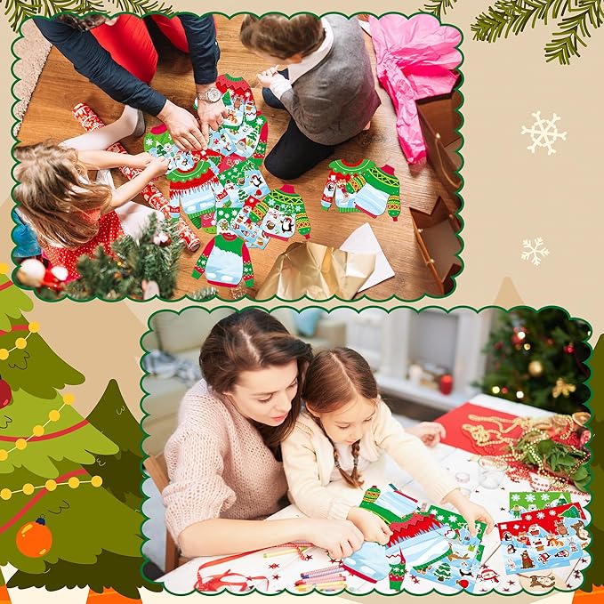 CY2SIDE 12 Set Christmas Ugly Sweater Scene Sticker Art Craft for Kids, Make A Winter Sweater Scene with Penguin Sticker, DIY Xmas Party Games for School Classroom Activities