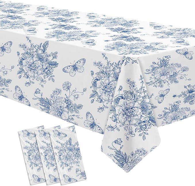 Blue and White Floral Party Tablecloth Decorations, 3pcs Disposable Elegant Dusty Blue Flower Party Supplies Table Cover, for Birthday Baby Bridal Shower Wedding Chinoiserie Decor, 86in x 55in