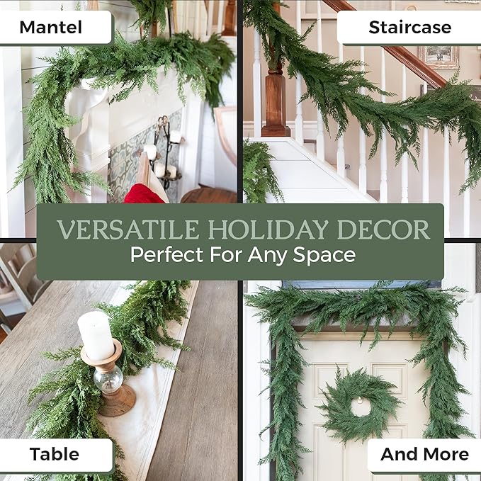 9ft Extra Full Real Touch Cedar Garland Artificial Realistic 9 ft, Faux Cedar Garland Realistic, Thick Realistic Christmas Garland for Mantle, Stairs, Table, Real Touch Garlands Fireplace