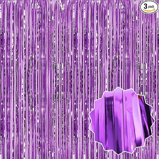 3 Pack Light Purple Foil Fringe Curtains Backdrop, 3.28 x 6.6 Ft Metallic Streamers Tinsel Curtains Background for Photo Booth, Birthday, Halloween, Christmas, Thanksgiving, New Year Party Decorations