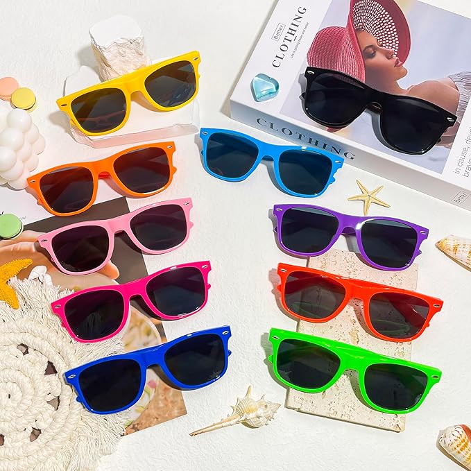 SUNOVELTIES 12/24 Pack Neon Party Sunglasses Mirrored/Jelly Lens Bulk Glasses Horn Rimmed Eyewear for Men Women