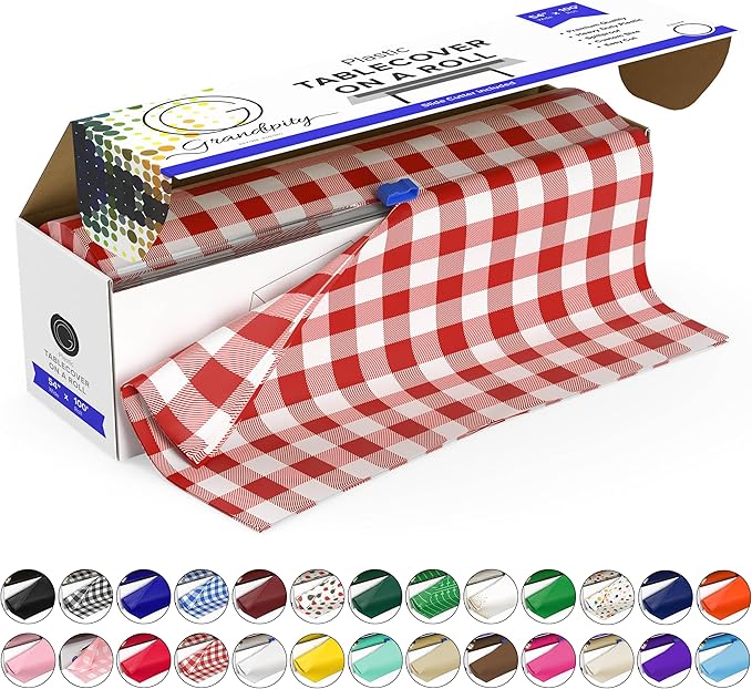 Grandipity Plastic Tablecloth Roll - 54in x 100 Ft. Red Gingham Checkered Plastic Table Cloths for Parties | Disposable with Cutter Box - Cut to Size Disposable Tablecloth for Rectangle & Round