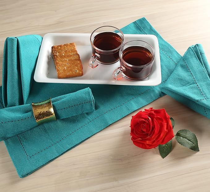 LFH Home Hemstitched Cloth Dinner Napkins 18x18 Inch Set of 12 - Reusable 100% Cotton Machine Washable Cocktail Napkins with Metered Corners for Daily, Party, Wedding, Bar Use - Teal