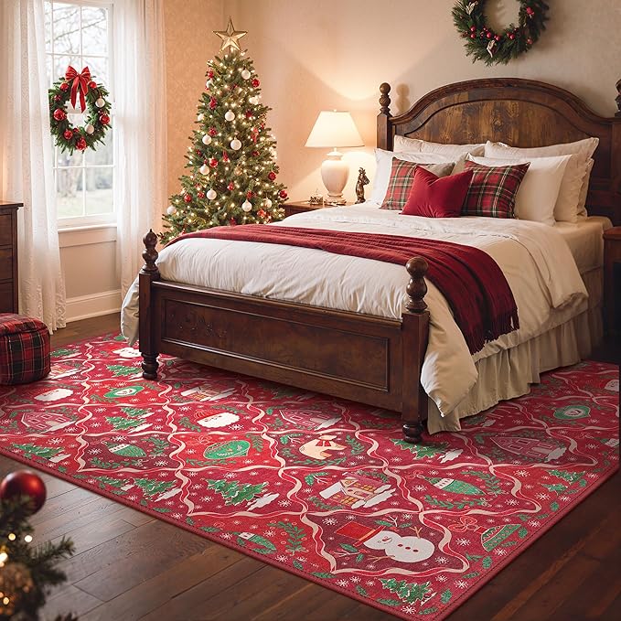 Christmas Area Rug 5x7 for Living Room, Washable Rug for Bedroom, Christmas Home Decor, Holiday Print Carpet, Low Pile Non Slip Mat with Rubber Backing, Red Christmas Tale Pattern