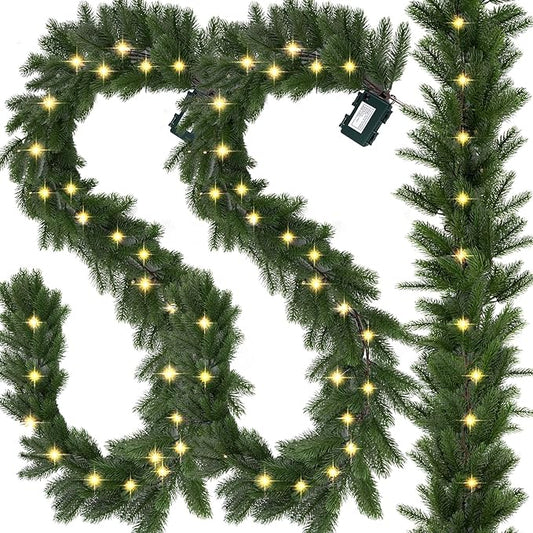Christmas Garland with Lights 2PCS, 5.91Ft Lighted Garlands, Realistic Greenery Norfolk Pine,18 LED Lights Battery Powered, Timer Included Greenery Garland for Mantle Christmas Decorations