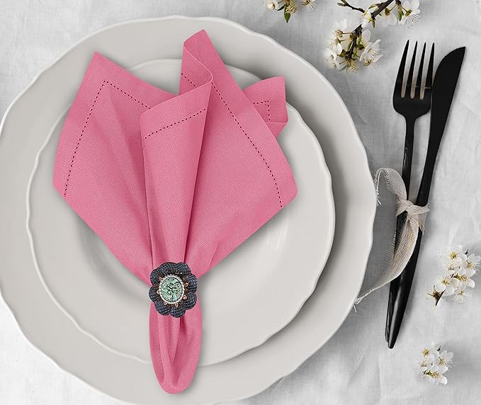 Ruvanti Premium Linen Napkins Set of 4-20x20 Inch, Classic Hemstitch, Mitered Corner Cloth Napkins ‎‎- Soft, Elegant Dinner Napkins Cloth Washable for Weddings, Parties, Everyday Use - Pink