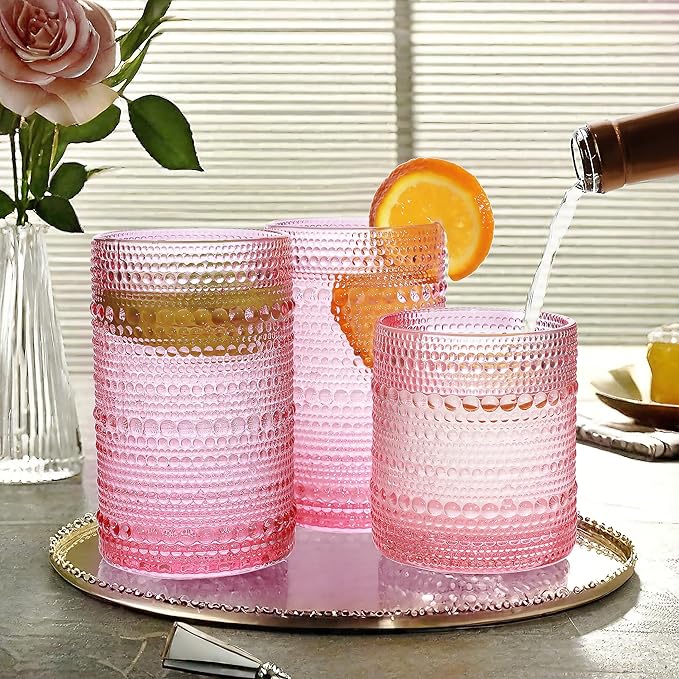 Vintage Hobnail Driinking Glasses Set, Glassware Drinking Set of 8, 12 oz Highball Glasses & 10 oz Cocktail Glasses, Tumbler Glasses for Cocktails, Whiskey, Juice, Milk