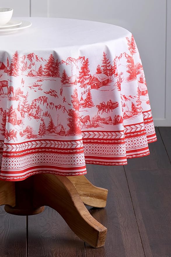Maison d' Hermine Table Cloth Round Table 100% Cotton 69 Inches Fall Tablecloth Reusable Everyday Use for Thanksgiving Christmas Decorations Dining Farmhouse Party (Winter Jouy)