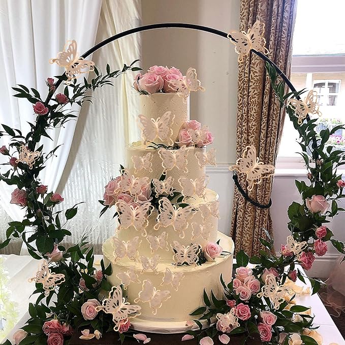 40 PCS Champagne Gold Lively 3D Butterfly Cupcake Toppers Mixed Size Hollow Art Butterfly Cupcake Topper Baby Shower Wedding Anniversary Birthday Party Cake Wall Decorations Supplies