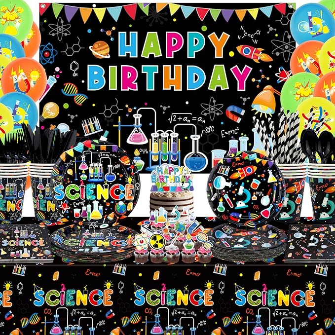Science Party Supplies, Includes Happy Birthday Backdrop, Plates, Tablecloth, Cups, Balloon and Straws, for Boy Girl Scientist Lab Decoration Serves 20 Guests