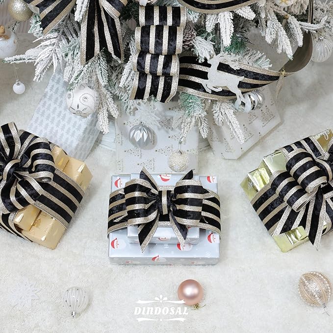 Black Velvet Wired Ribbon with Champagne Glitter Stripe 4 Inch Extra Wide Crushed Velvet Christmas Ribbon, 10 Yards for Gift Wrapping, Crafts, Tree Decorations, Wreath Supplies, Garlands
