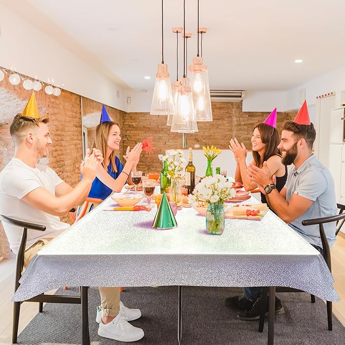 2 pcs Silver Holographic Tablecloths Shiny Disco Laser Table Cloths 40" x 108" Iridescence Plastic White Table Cover for Birthday Party Decoration Wedding Christmas Winter Grad Party Supplies