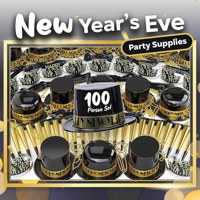 Crown Display New Years Eve Party Supplies 2026 I 250 Pcs I Black and Gold Top Hats Tiaras Bead Necklace Noise Makers I 2026 New Years Decorations Happy New Year Decorations 2026 Bulk Party Favors